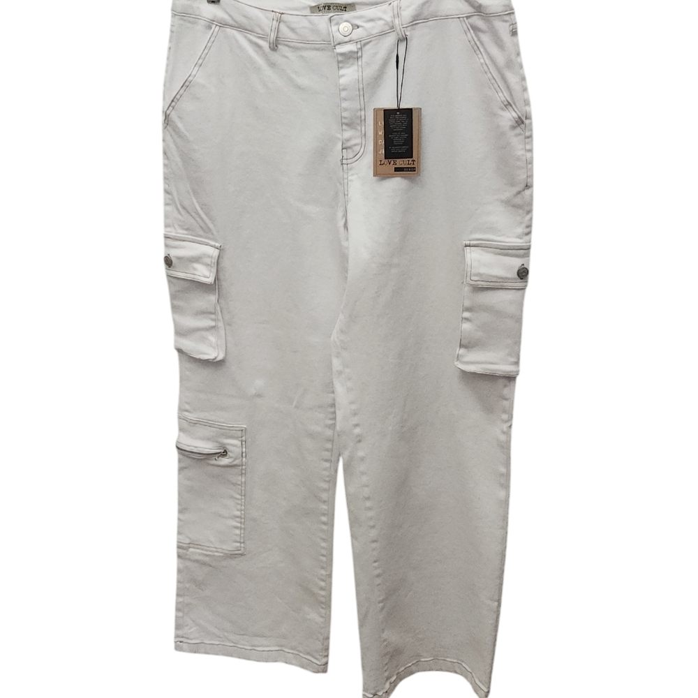 NWT‎ Love Cult White Wide Leg Cargo Denim  Side Large